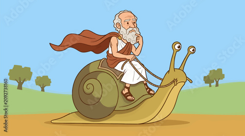 Photography Ancient Greek Philosopher Character Riding a Snail, Flat Illustration Style with