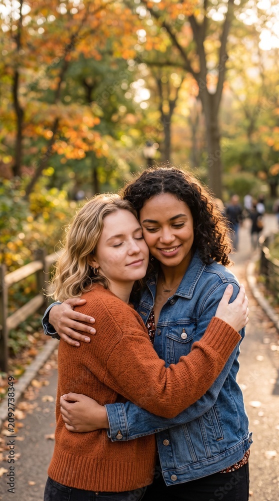 Fototapeta premium Two young women embracing affectionately in a park during autumn with colorful foliage