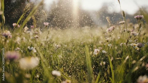 Golden hour glow bathes a spring meadow, showcasing countless pollen particles dancing above vibrant green grass and blooming wildflowers, a tranquil and ethereal natural awakening