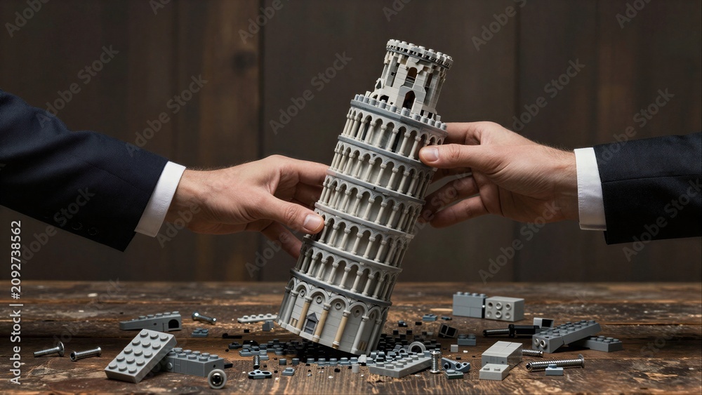 Fototapeta premium Two hands hold a LEGO Leaning Tower, surrounded by scattered pieces.