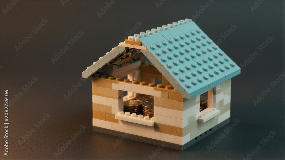 Fototapeta premium Lego house with coins inside, symbolizing savings or home ownership.