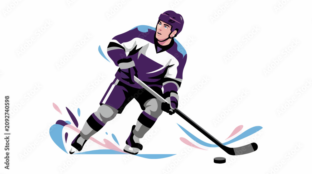 Obraz premium Dynamic Hockey Player in Purple and White Uniform Skating with Stick and Puck, Abstract Swirls of Blue and Pink Representing Speed and Movement, Flat Vector Illustration on White Background
