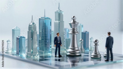 Business strategy meets urban skyline on chessboard, symbolizing corporate competition and decision-making.