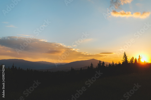 Beautiful sunset over the Carpathian mountains with sun rising or setting behind pine trees.