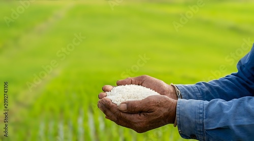Farmer holding handful of white rice grains over green paddy field, agricultural harvest and crop production concept for farming industry.