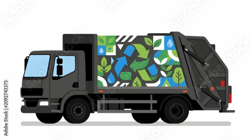 Flat Design Vector Illustration of a Dark Grey Garbage Truck with a Wrap Featuring Green Leaves, Blue Water Droplets, and Recycling Arrows, Symbolizing Eco-Friendly Waste Management and Sustainability