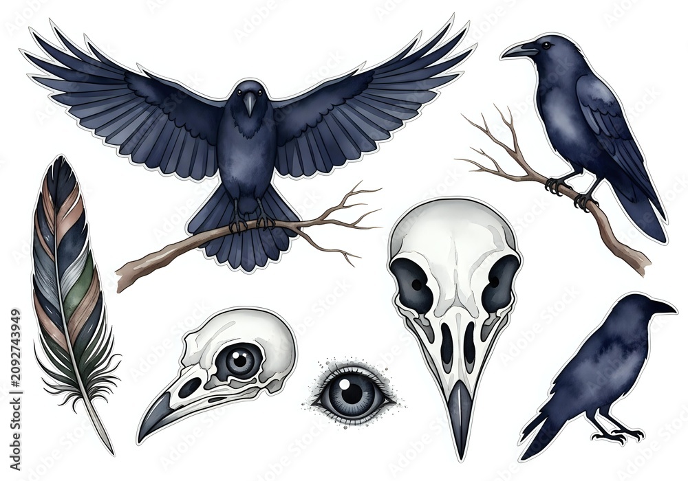 Obraz premium Raven skull and bird anatomy study set with feather and skeletal details for wildlife illustration and educational reference.