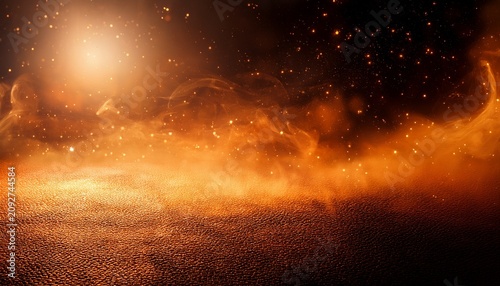 Fantastic Orange Smoke Background Magic Orange Smoke With Glitter And Small Particles Of Twinkling Stars Fog With Luminous Particles Orange Vapor With Stardust Morning Fog Over Land Or Water Surfa