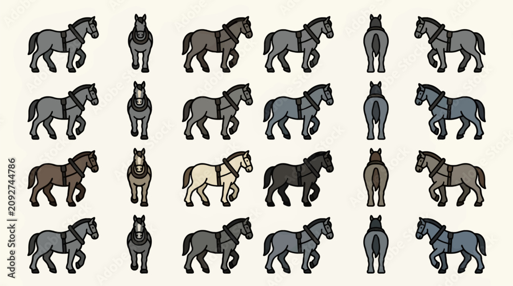 Fototapeta premium Flat Design Vector Icons of Draft Horses in Various Poses and Colors, Showing Strong Build and Steady Gait, Set on White Background