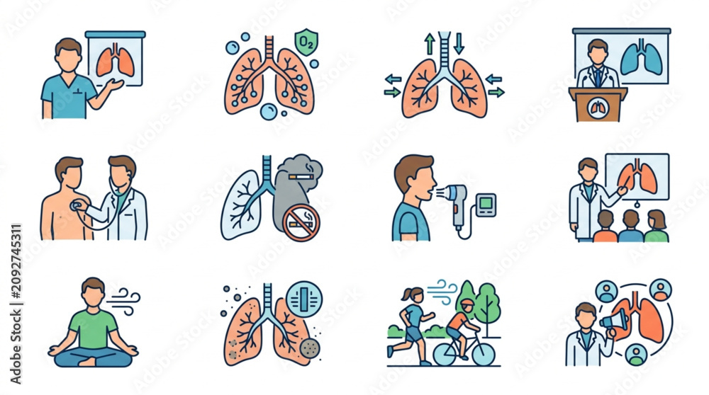 Fototapeta premium Medical Icons Representing Lungs Health and Respiratory System Care.