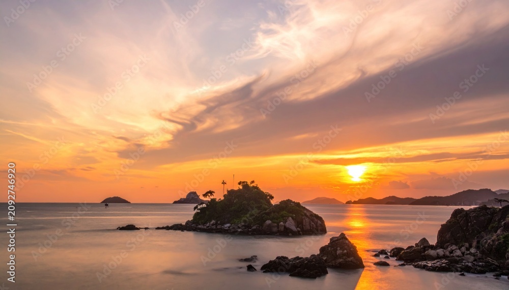 Obraz premium Vibrant sunset over a tropical island, serene water reflecting the golden sky
