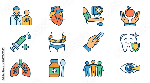 Set of Medical Health Care Icons Representing Various Aspects of Well-being.