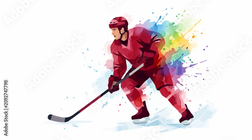 Photography Dynamic Hockey Player in Red Uniform Skating with Stick, Colorful Watercolor Spl