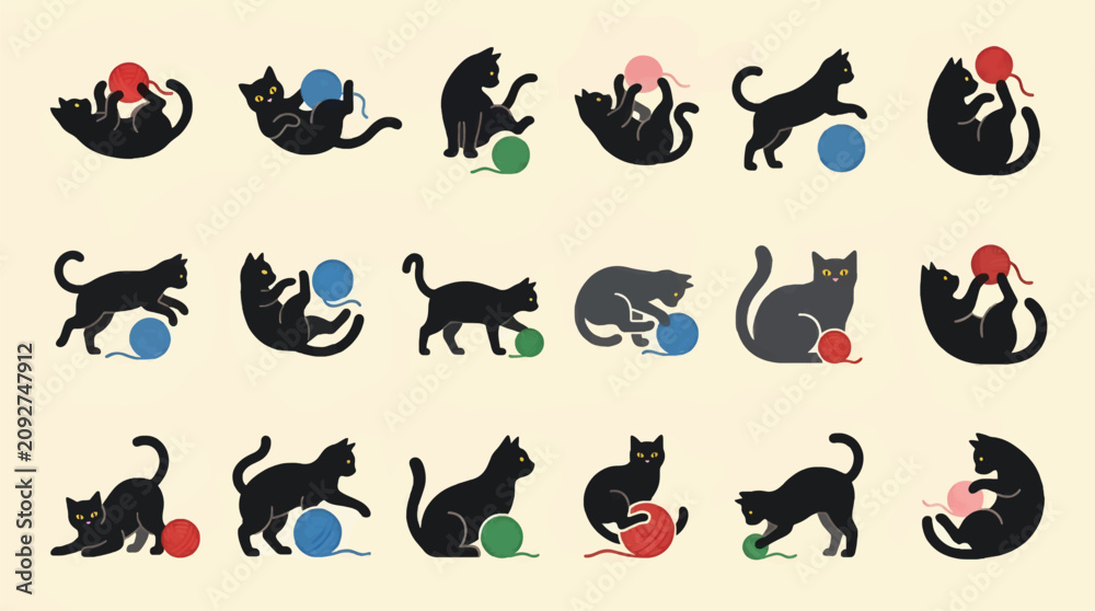 Obraz premium Flat Design Vector Illustration of Black Cats Playing with Colorful Yarn Balls, Various Poses and Actions, Simple Graphic Style with Cream Background