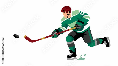 Photography Flat Design Hockey Player in Green Uniform Skating and Shooting Puck, Dynamic Ac