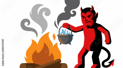 Фотография Flat Design Vector Illustration of an Angry Red Devil Stirring a Cauldron with S