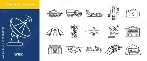 Military logistics and war equipment icons collection for strategic transport operations.