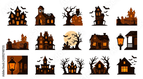 Fotografía Collection of Spooky Halloween Houses and Haunted Buildings.
