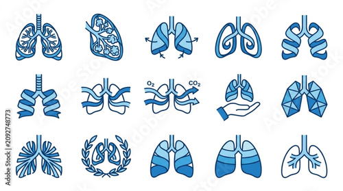 Cuadro en lienzo Collection of stylized human lung illustrations in various blue tones