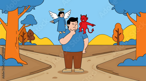 Canvastavla Flat Illustration of a Person at a Crossroads, with an Angel on One Shoulder and