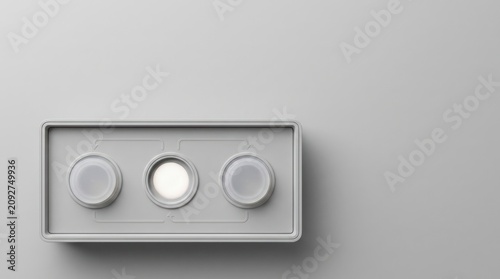 Minimal process control panel with illuminated center selector, three route options and wide copy space for workflow routing website header