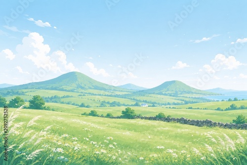 Peaceful Green Meadow Landscape with Blue Sky and Spring Wildflowers