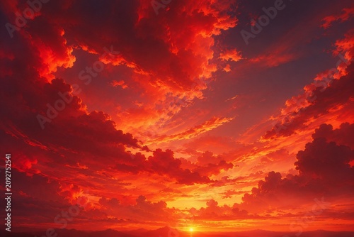 Fiery Sunset Sky with Dramatic Red Clouds and Glowing Horizon