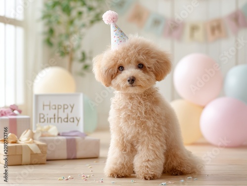 Cute Toy Poodle Puppy Wearing a Birthday Party Hat at a Birthday Celebration