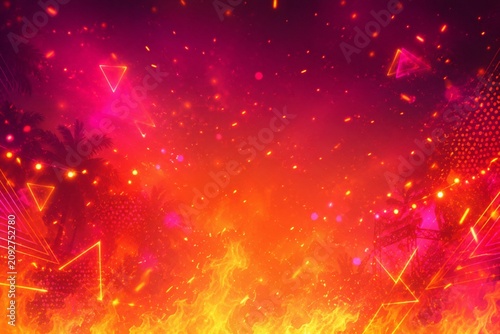 Fiery Abstract Background with Glowing Flames, Sparks and Neon Geometric Shapes
