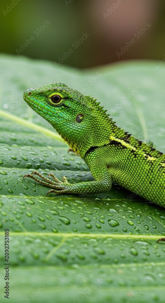 Fototapeta premium Bright green lizard resting on large leaf in forest.