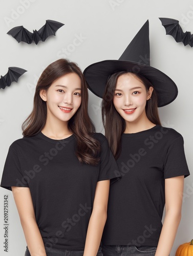 Two Young Asian Women Wearing Witch Hats for Halloween Celebration