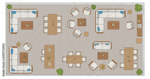 Aerial view perspective of a spacious outdoor patio layout featuring multiple seating arrangements and dining tables designed for social gatherings and relaxation ideal for hospitality venues