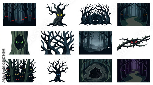 Cuadro en lienzo Spooky Pixel Art Forest Elements and Scenes Collection.