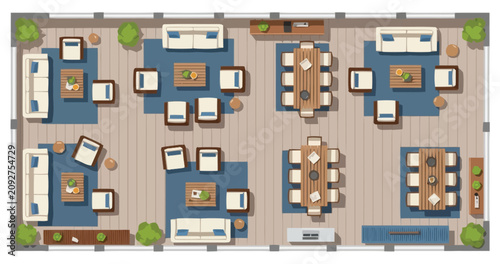 Top View Aerial Perspective of a Contemporary Co Working Space Layout Featuring Multiple Seating Areas and Collaborative Conference Tables Arranged for Efficient Workflow and Productive Team