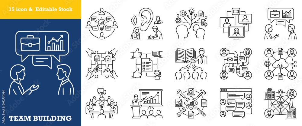 Naklejka premium Set of 15 icon and editable stock, team building line icons, business management.