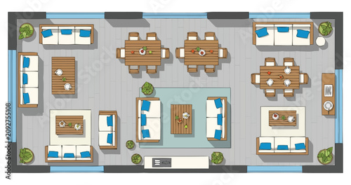 High angle view of a spacious multi functional living and dining area layout with furniture arrangement for optimal space utilization and comfort showcasing contemporary interior design concepts