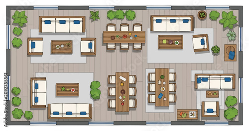 Aerial view of a spacious outdoor living area featuring multiple seating arrangements dining tables and lush greenery perfect for entertaining guests and enjoying leisure time in a well designed