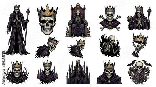 Tablou pe pânză Collection of Skulls Wearing Crowns and Dark Robes in Various Poses