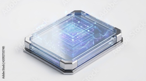 Technology - Futuristic Transparent Quantum Chip with Glowing Neural Network Hologram and Circuit Visualization