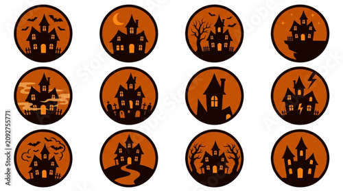 Quadro su tela Collection of Spooky Haunted Houses Silhouettes on Orange Background