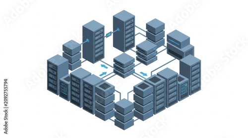 Technology - Isometric Data Center Network Infrastructure with Interconnected Server Racks and Blue Data Flow Arrows