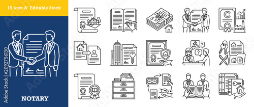 Tableau sur toile Property and real estate notary services line icon set represents legal aspects of transactions