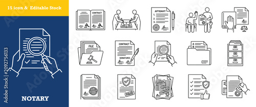 Obraz na plátně Notary services line icon set for legal document verification and authentication processes