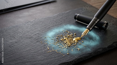 Black fountain pen forming a secure golden signature
