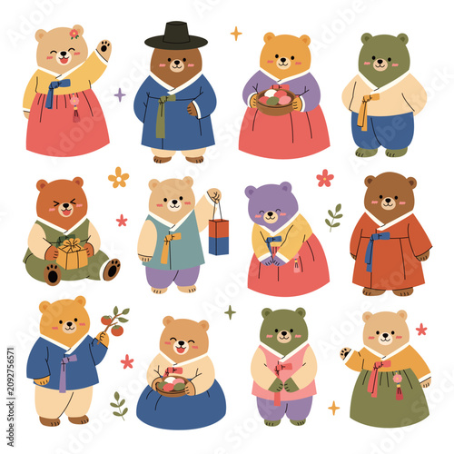 Cute Korean Hanbok Bear Character Illustration Set