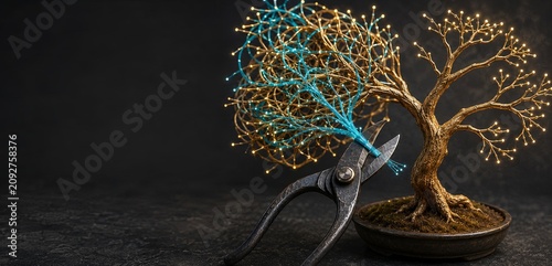Bonsai shears pruning a glowing business process network