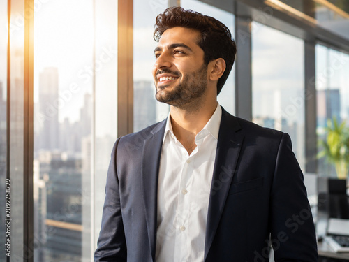 Happy Businessman Smiling Confidently Looking Out Office Window