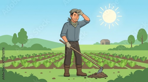 A farmer tending to his crops under a bright sun. He is wiping sweat from his brow, showing the hard work and dedication involved in agriculture