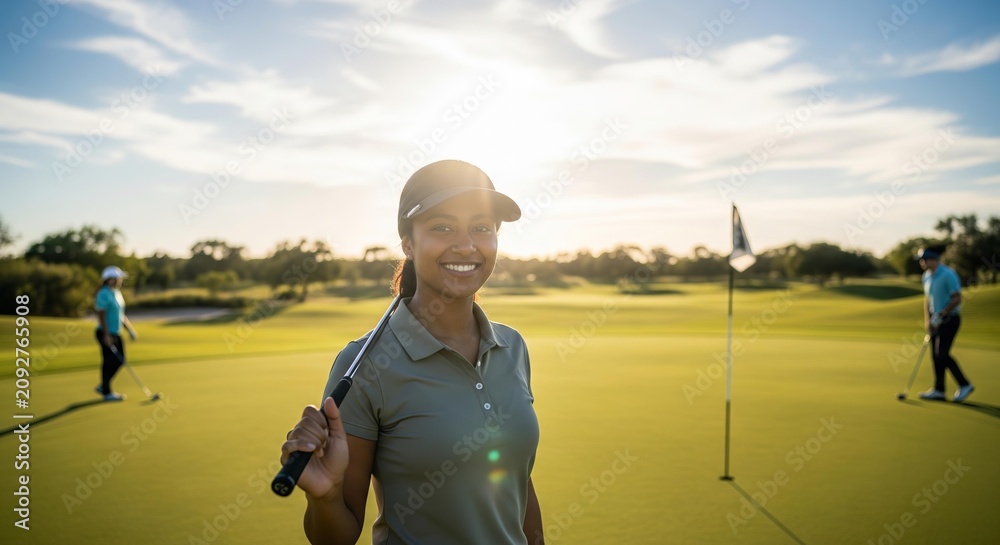 Fototapeta premium Woman golfer smiling on sunny golf course with flag and other players