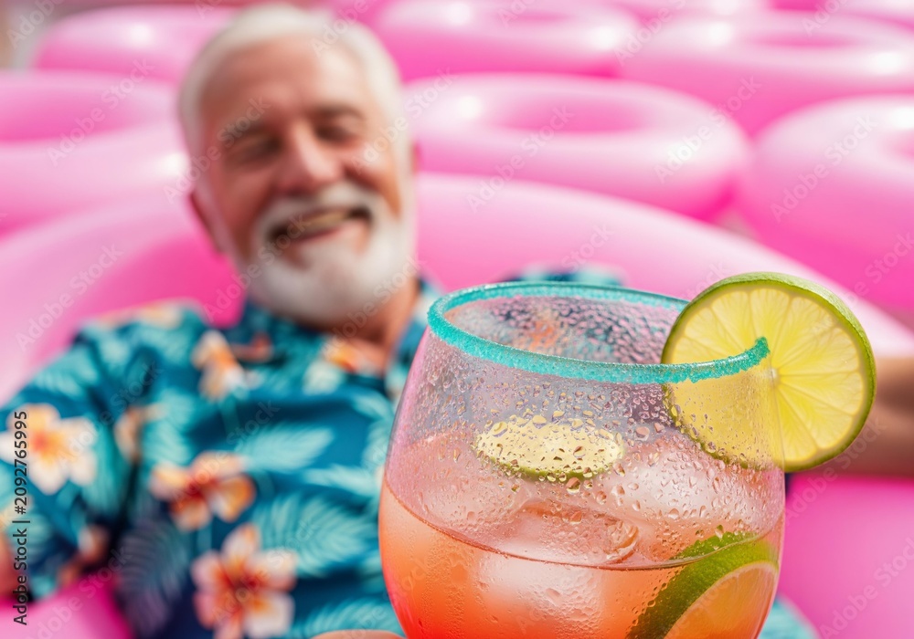 Obraz premium Smiling senior man relaxing with a refreshing drink by a pool